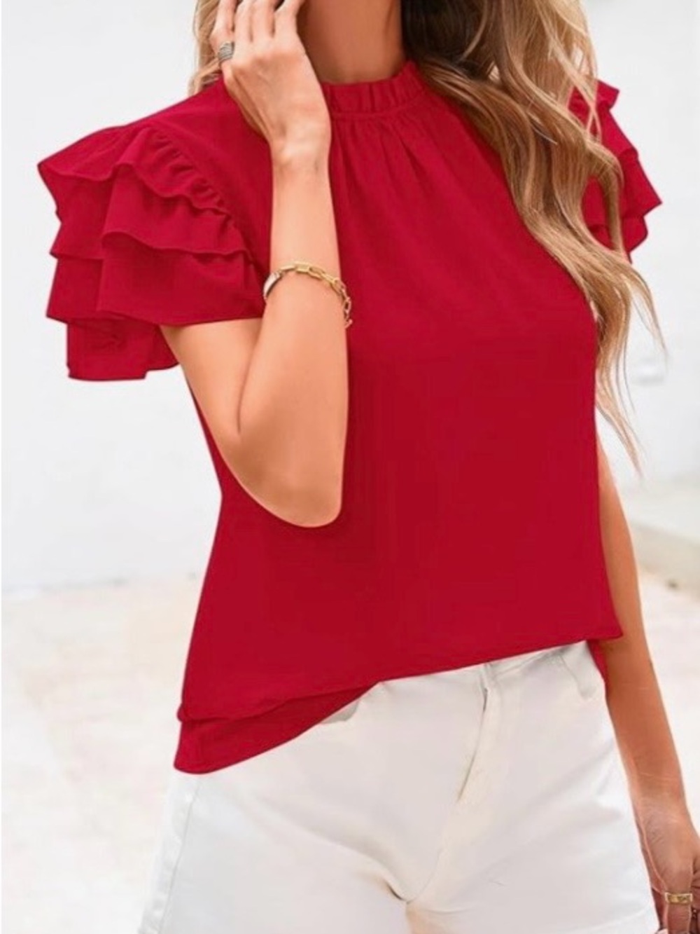 Elegant Red Ruffle-Sleeve Blouse Size M (8-10)